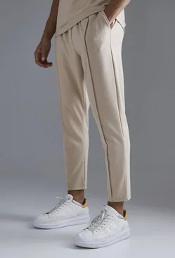 Brown Slim Tapered Elastic Waist Pintuck Crop Sweatpants