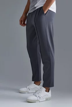 Grey Slim Tapered Elastic Waist Pintuck Crop Sweatpants