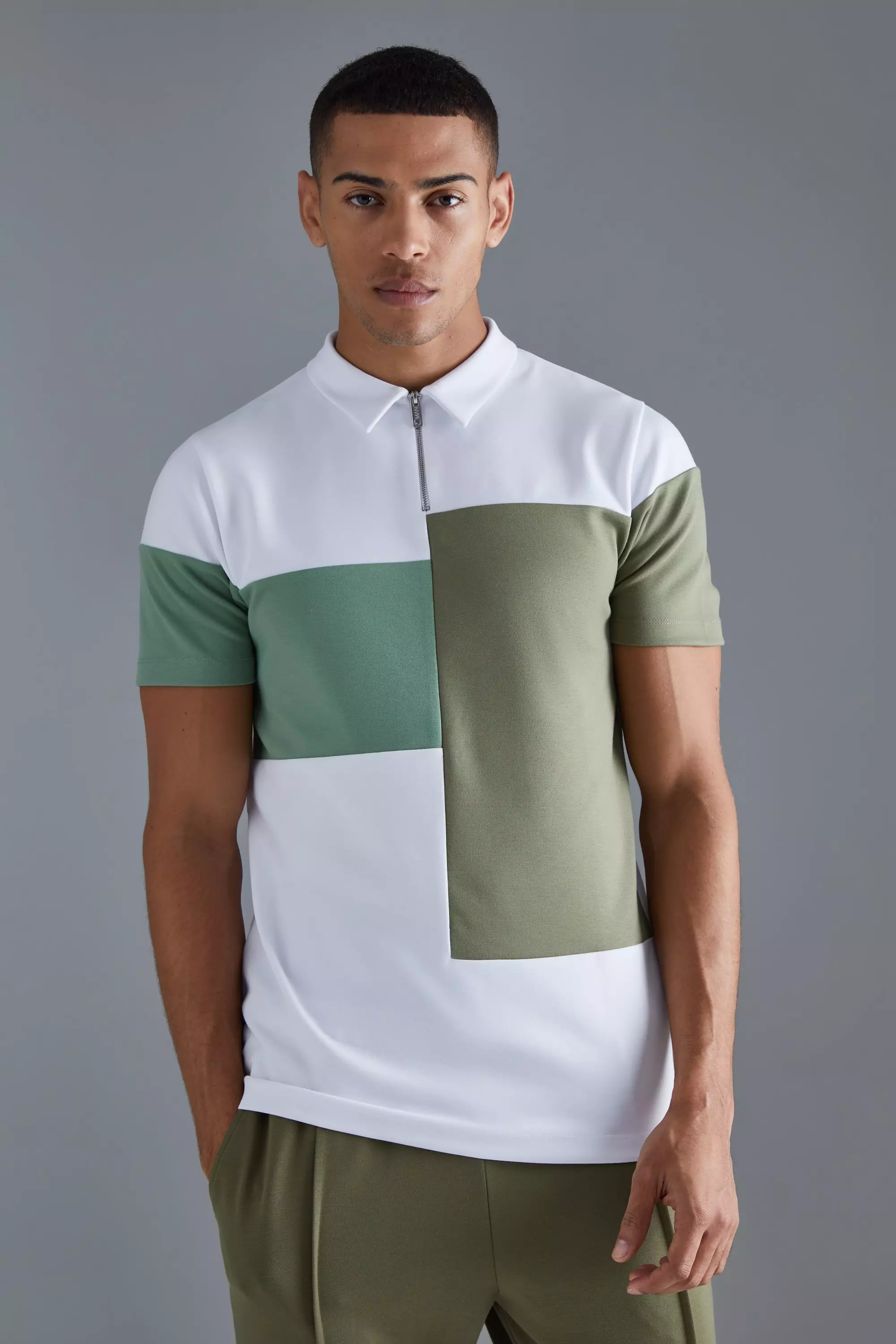 Slim Colour Block 1/4 Zip Short Sleeve Polo Olive