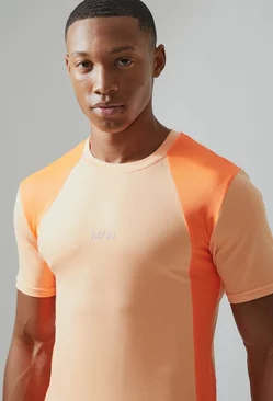 Man Active Mesh Muscle Fit Colour Block T-shirt Orange