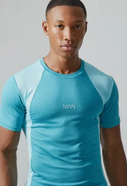 Man Active Mesh Muscle Fit Colour Block T-shirt Teal