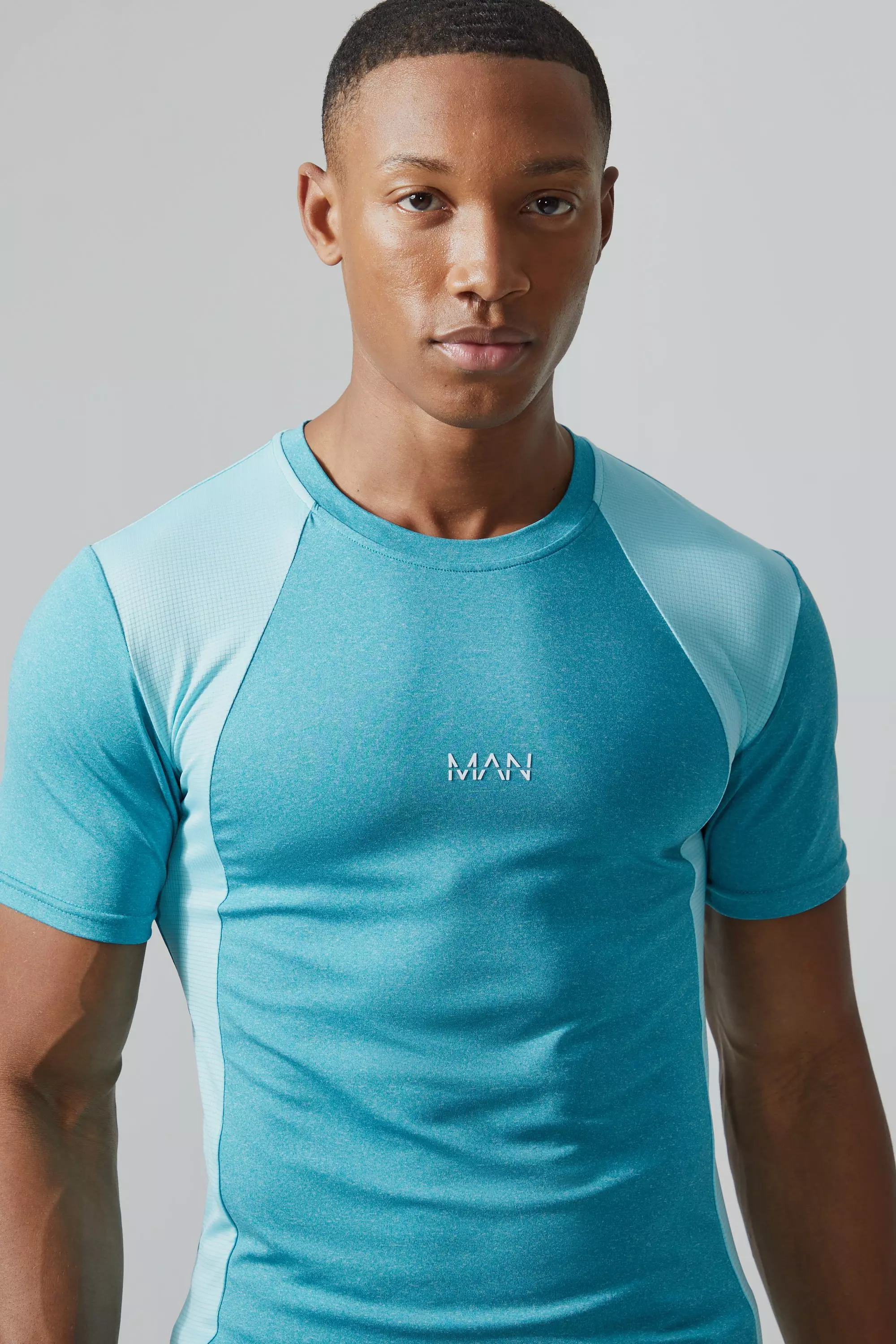 Teal Green Man Active Mesh Muscle Fit Colour Block T-shirt