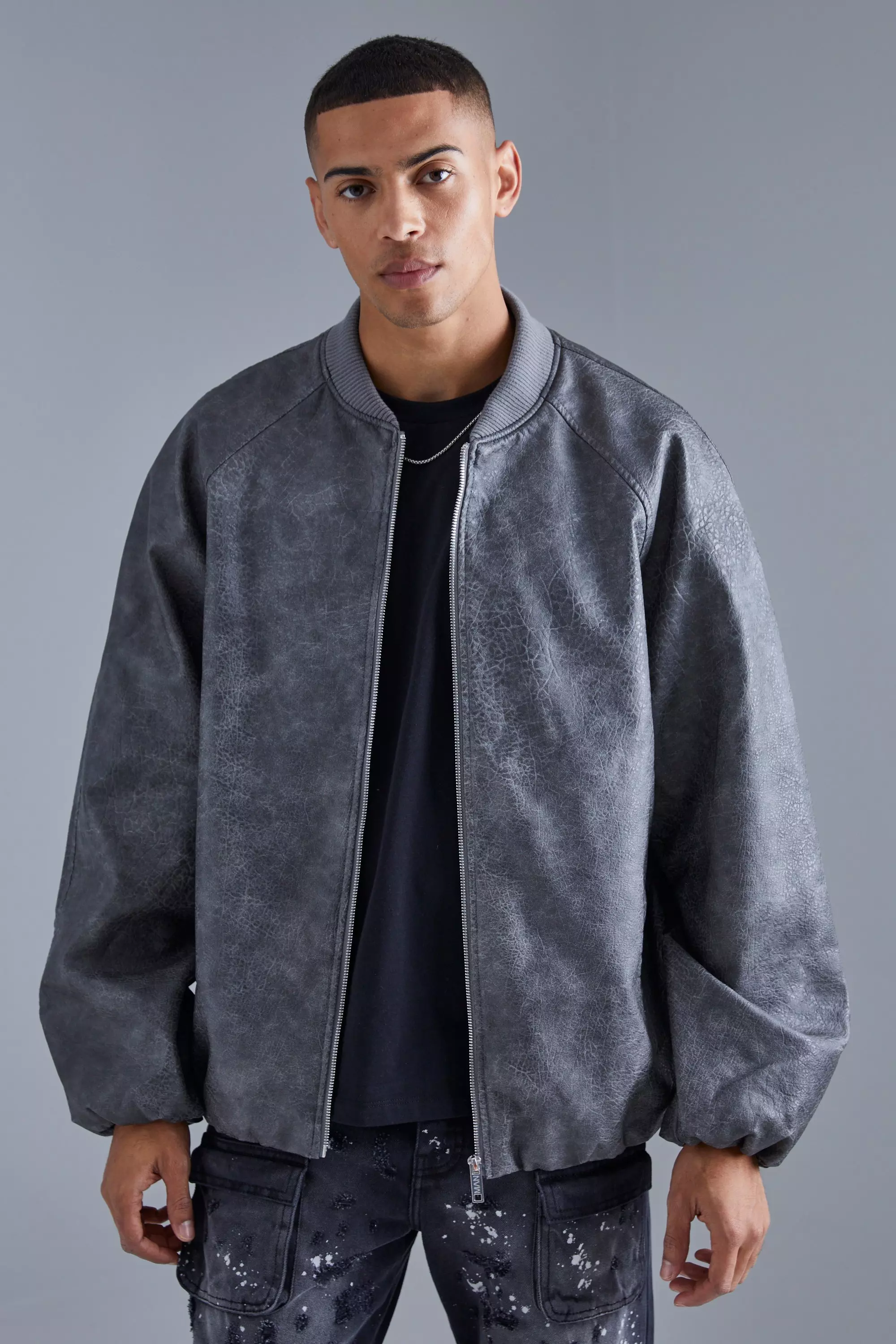 Grey Oversized Vintage Cracked Pu Raglan Bomber