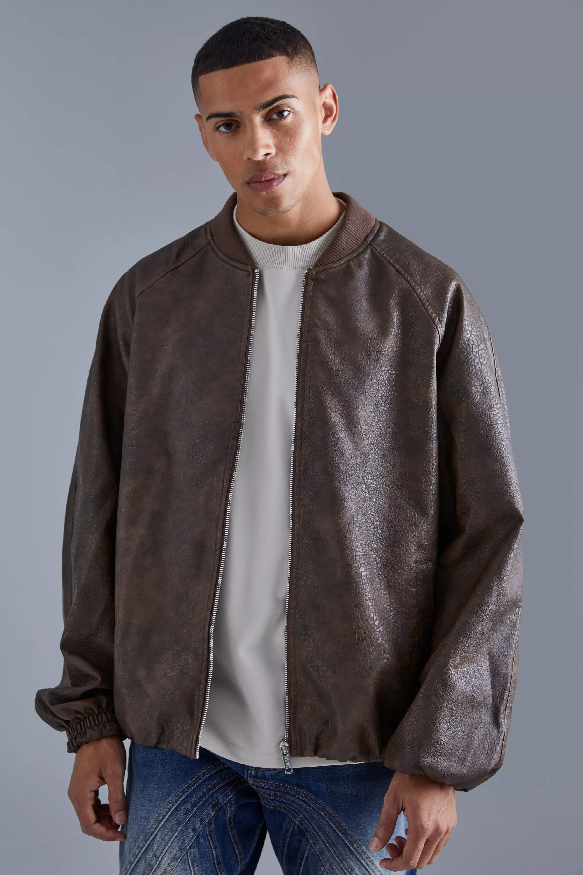 Brown Oversized Vintage Cracked PU Raglan Bomber Jacket alternative image