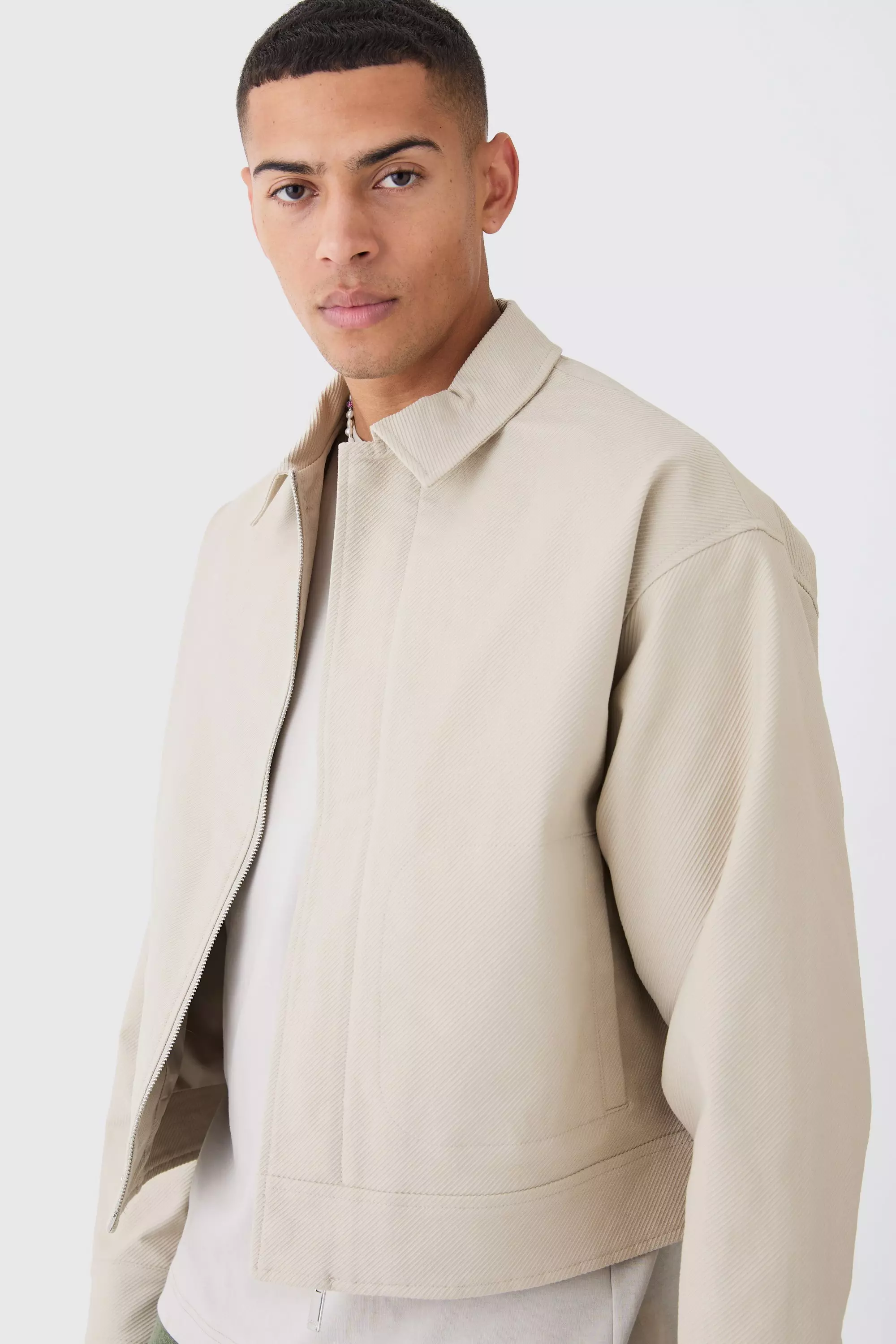 Boxy Smart Ribbed Twill Harrington Jacket Stone