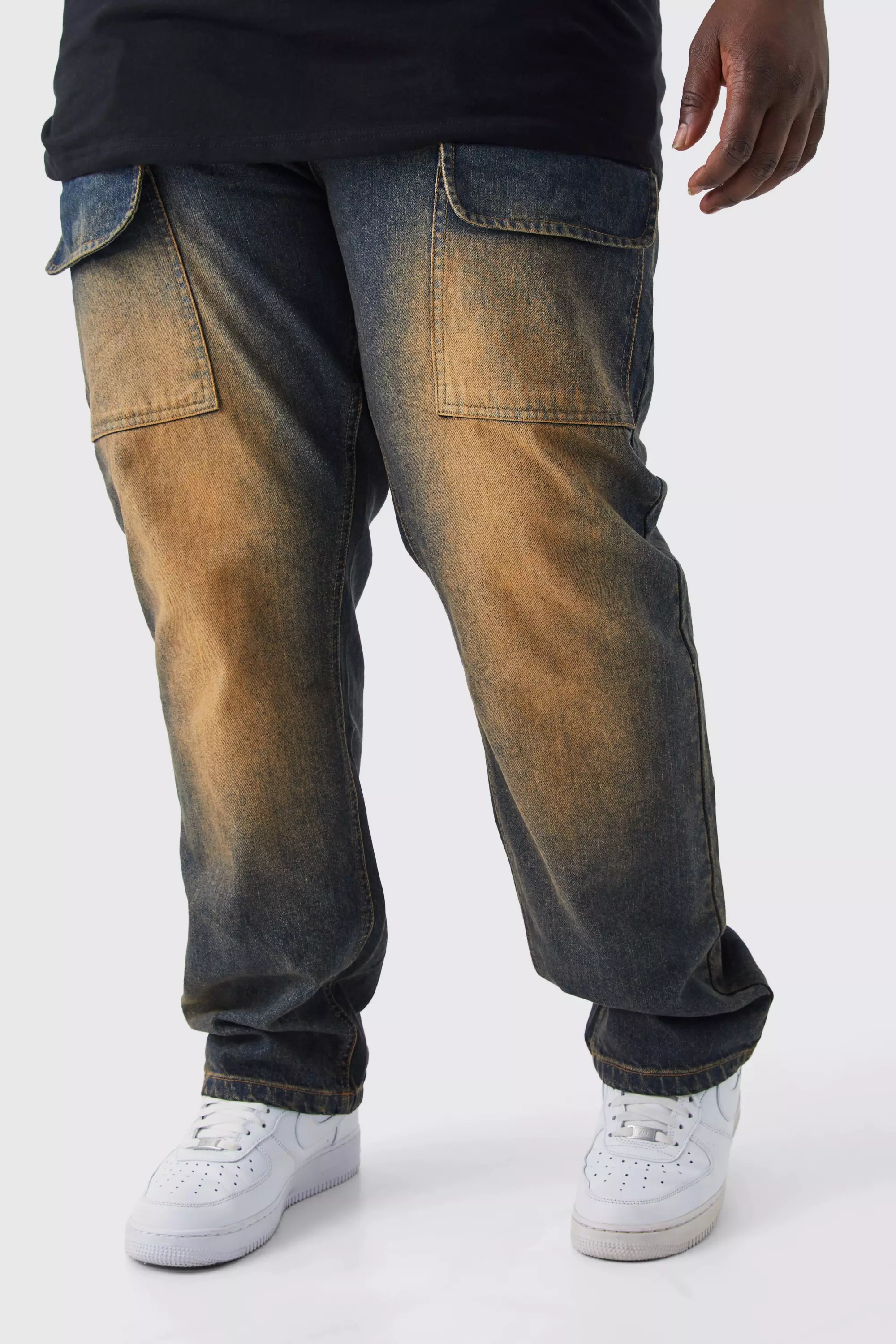 Ash Grey Plus Straight Rigid Ripped Tinted Cargo Jean
