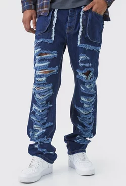 Tall Relaxed Rigid Distressed Ripped Cargo Pocket Jean Indigo