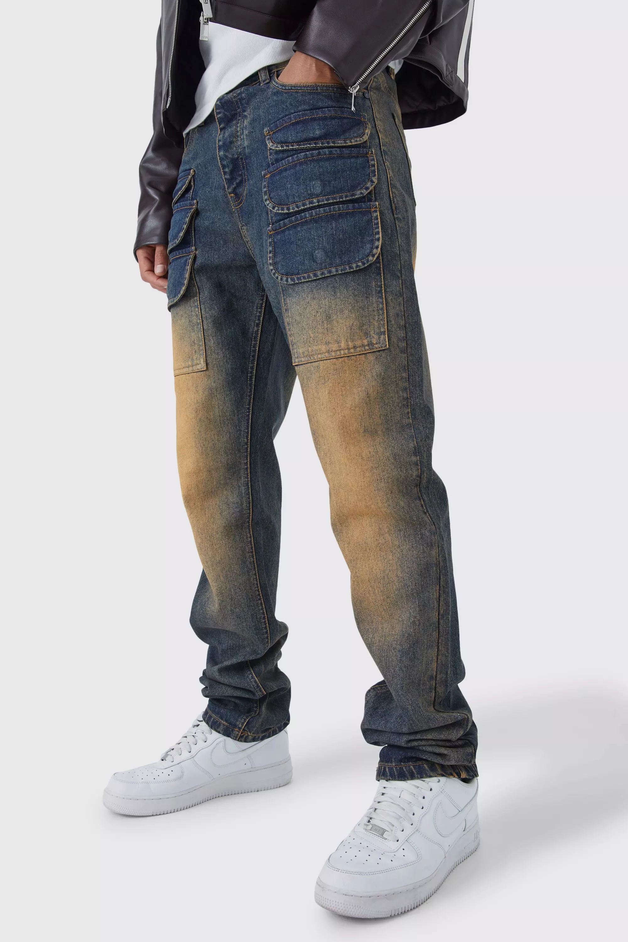 Ash Grey Tall Straight Rigid Ripped Tinted Cargo Jean