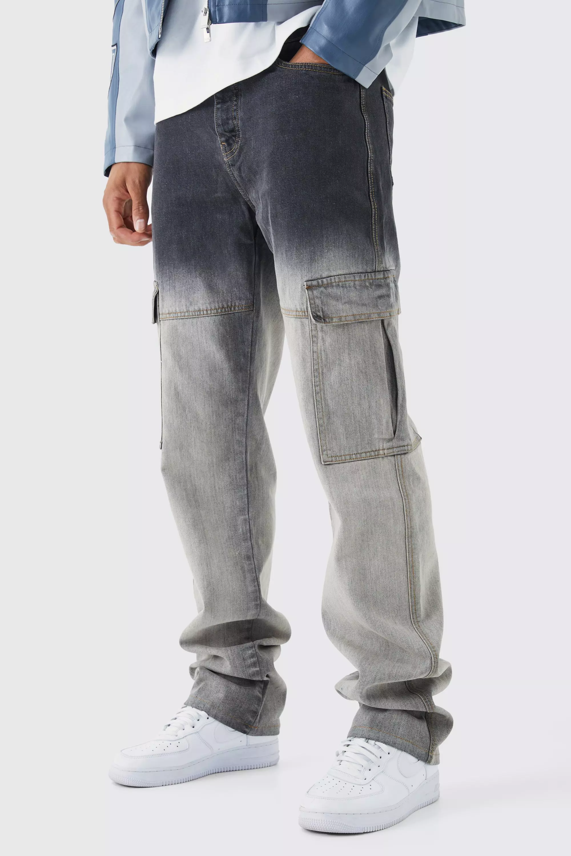 Tall Relaxed Stacked Rigid Ombre Ripped Cargo Jean coffee