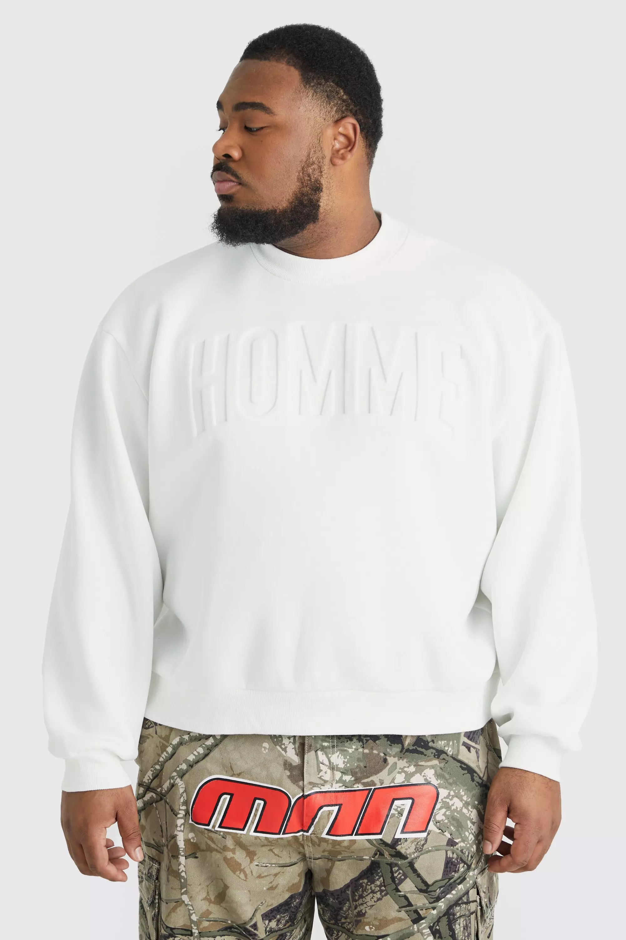 Ecru White Plus Homme Oversized Boxy Debossed Sweatshirt