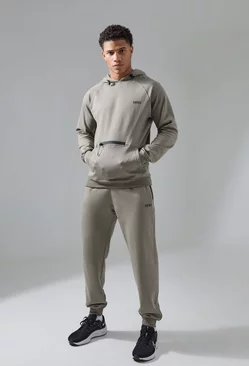 Man Active Tech Hoodie And Jogger Tracksuit Khaki