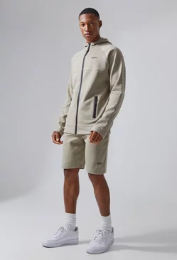 Man Active Tech Hoodie And Shorts Set Stone