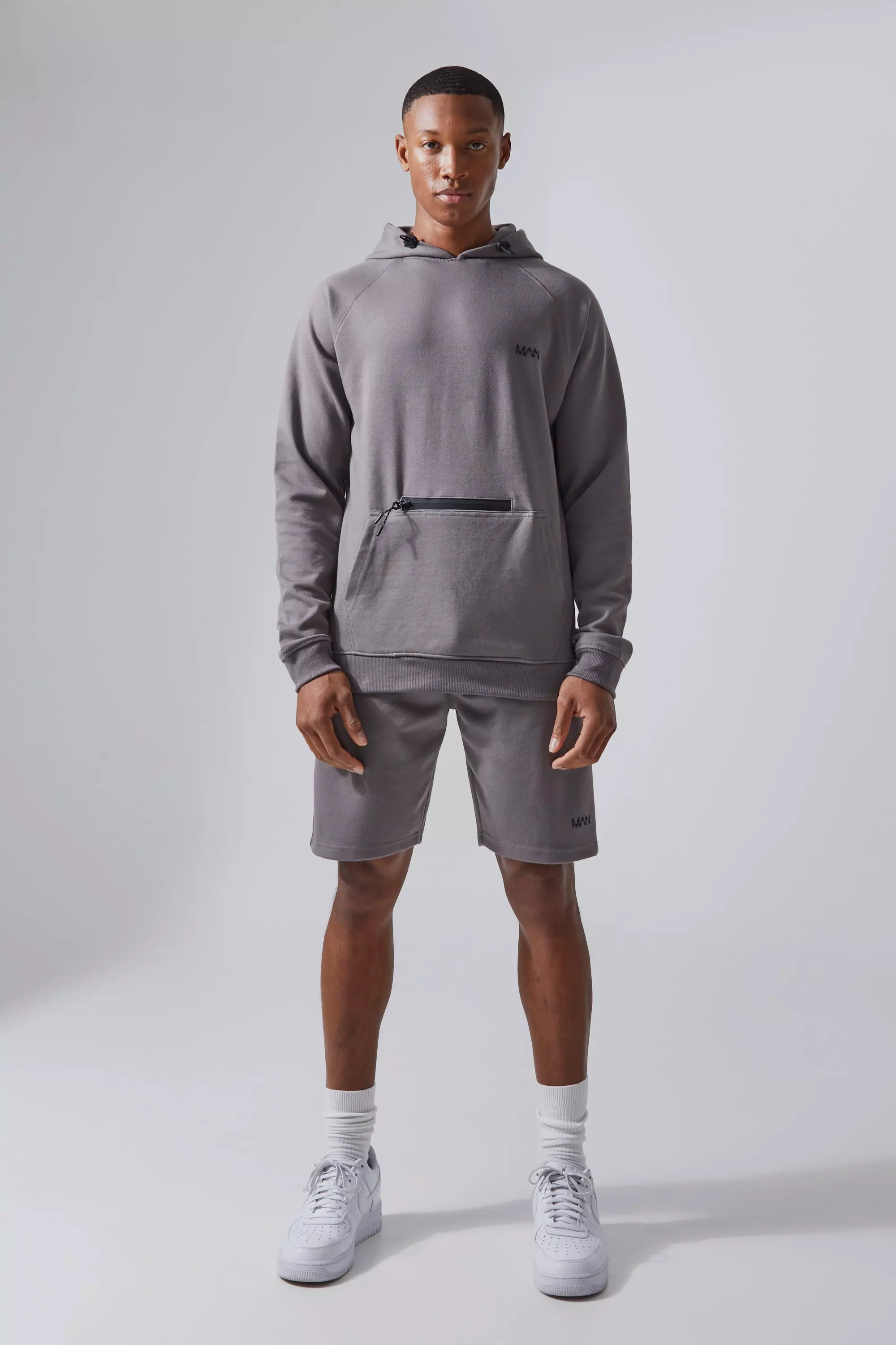 Man Active Tech Hoodie And Shorts Set Charcoal