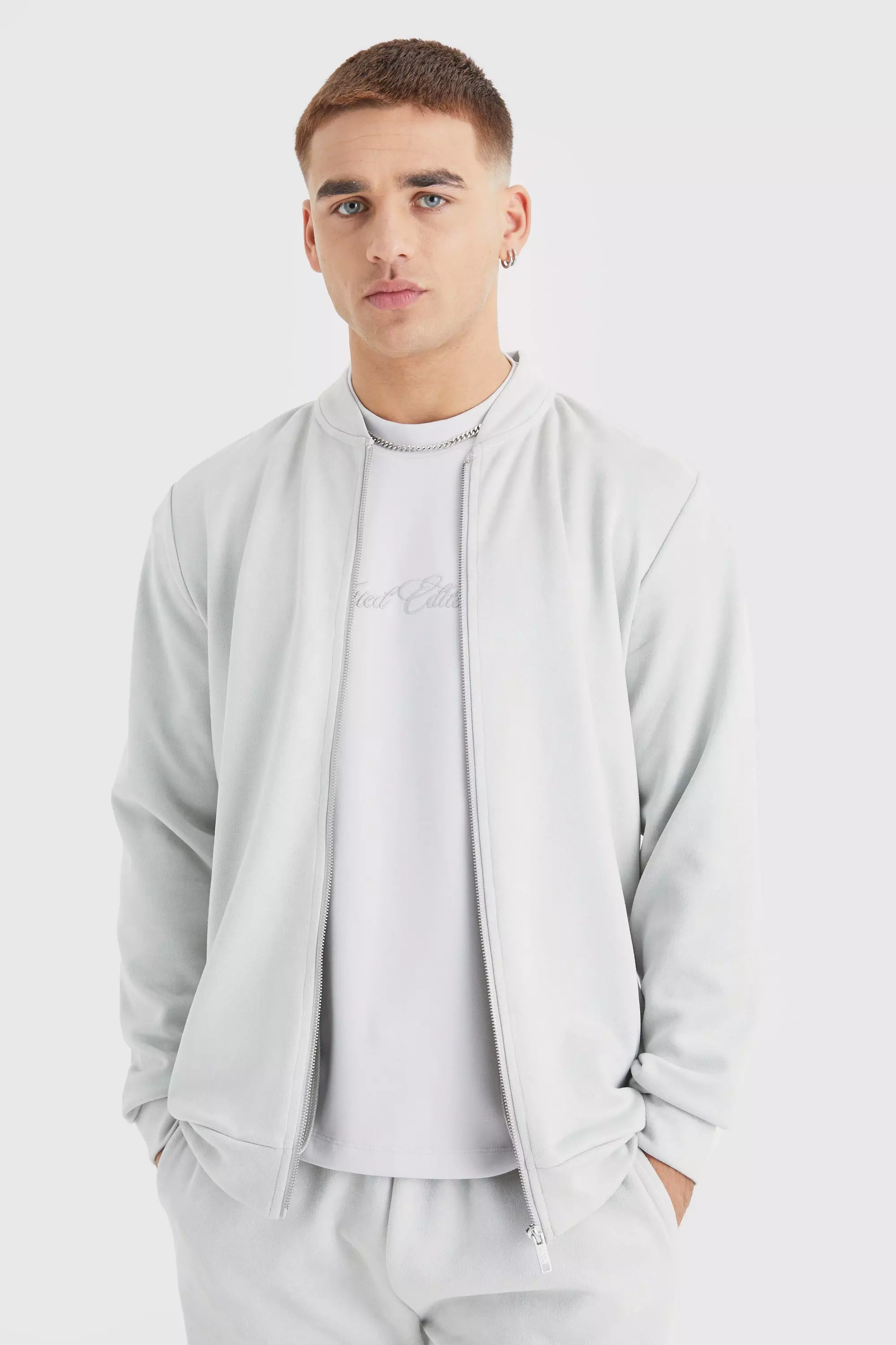 Faux Suede Zip Smart Bomber pale grey