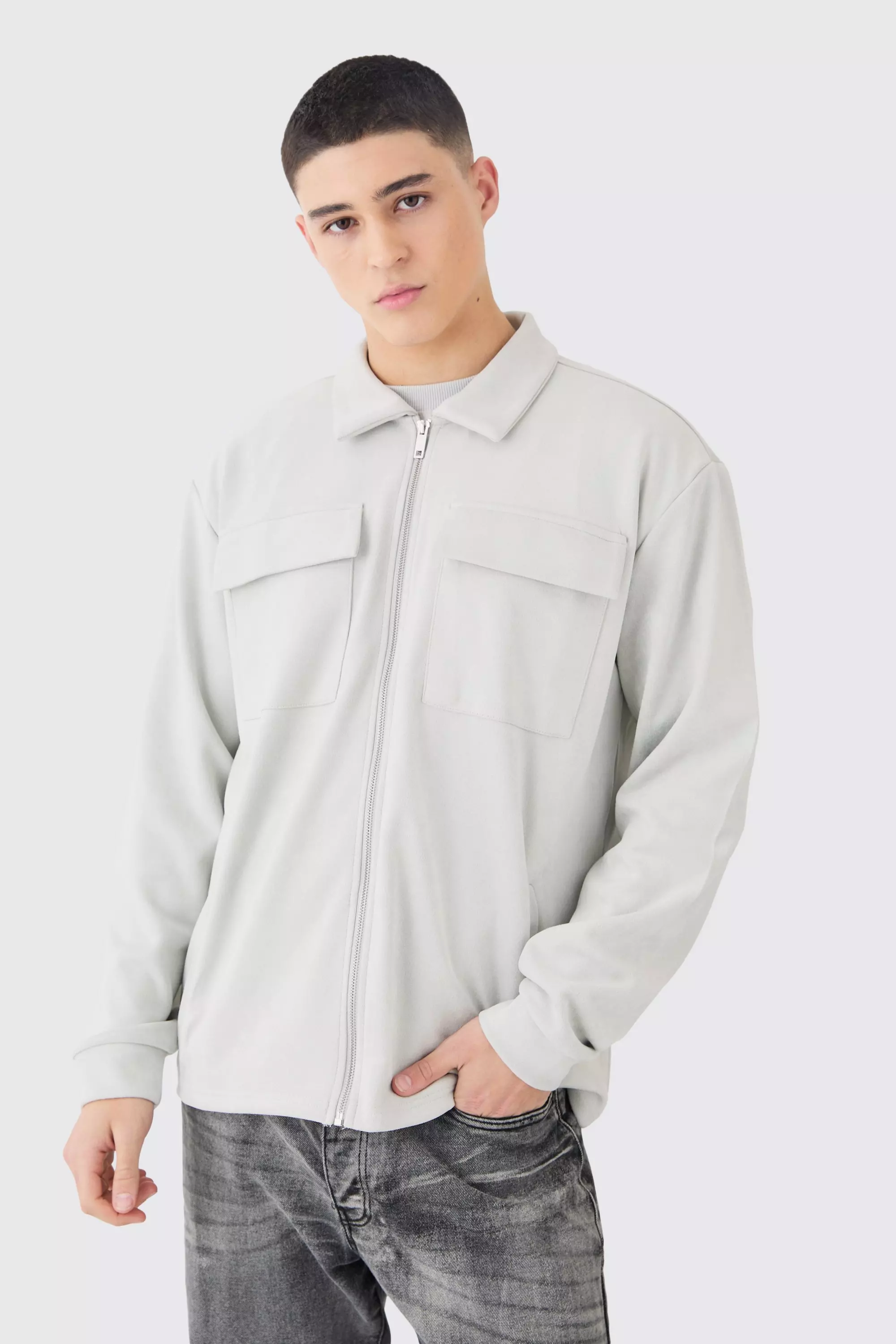Grey Faux Suede Zip Smart Overshirt