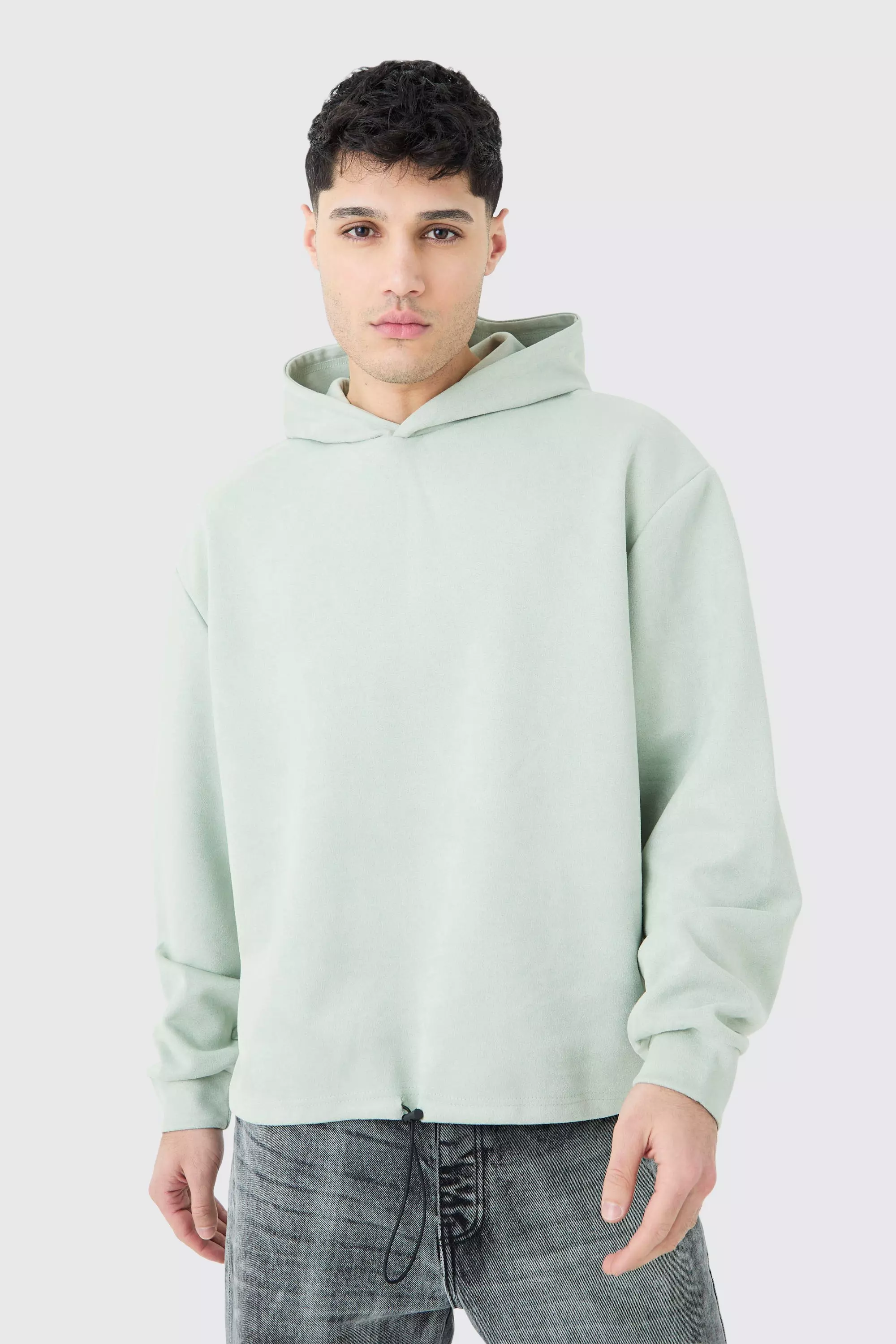 Sage Green Oversized Boxy Faux Suede Heavyweight Hoodie