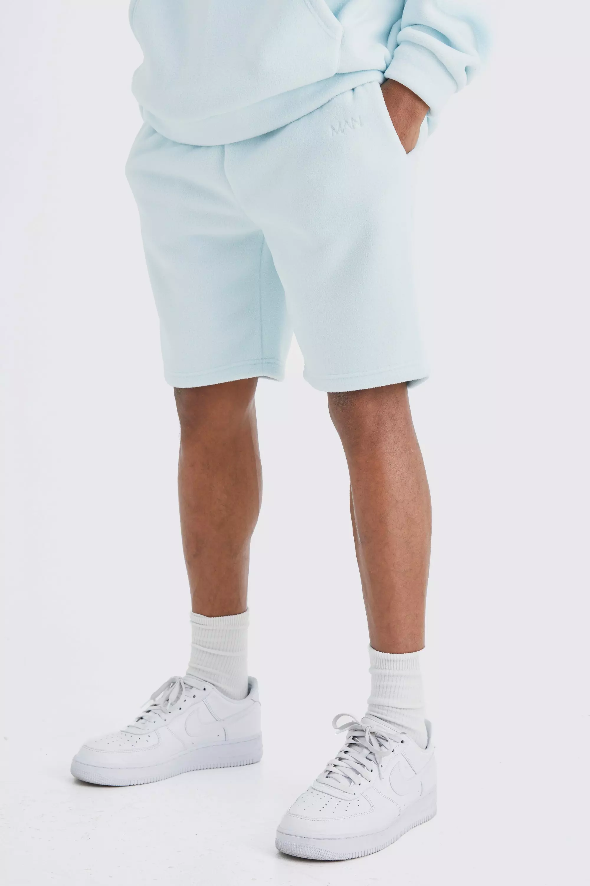 Blue Loose Mid Length Bonded Microfleece Shorts