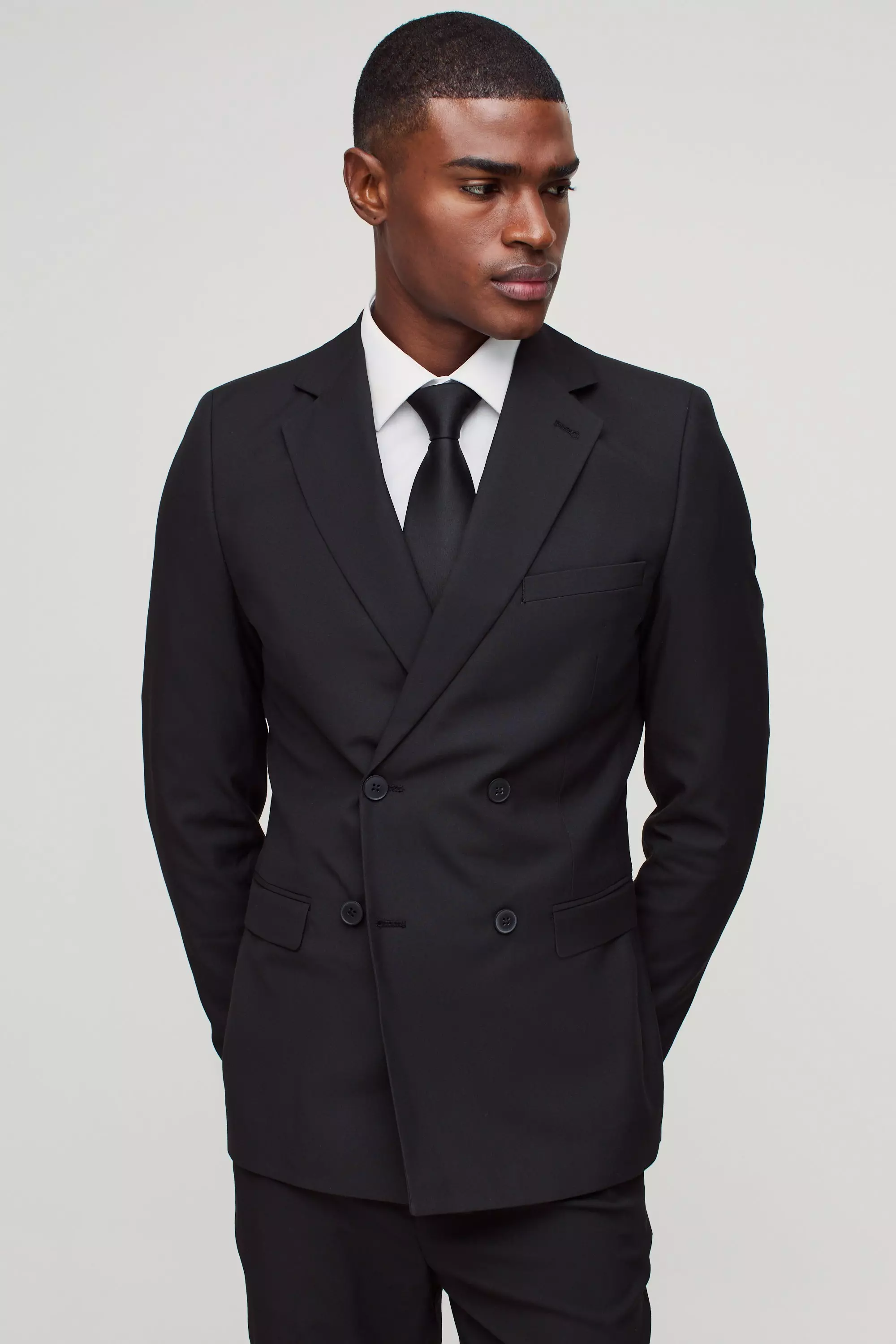 Skinny Double Breasted Suit Jacket Black