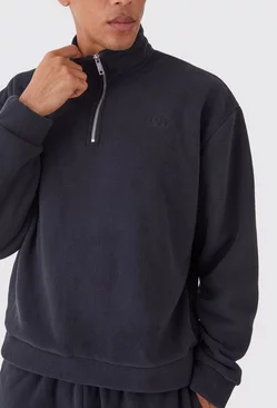 Oversized Boxy 1/4 Zip Bonded Microfleece Man Sweatshirt Black