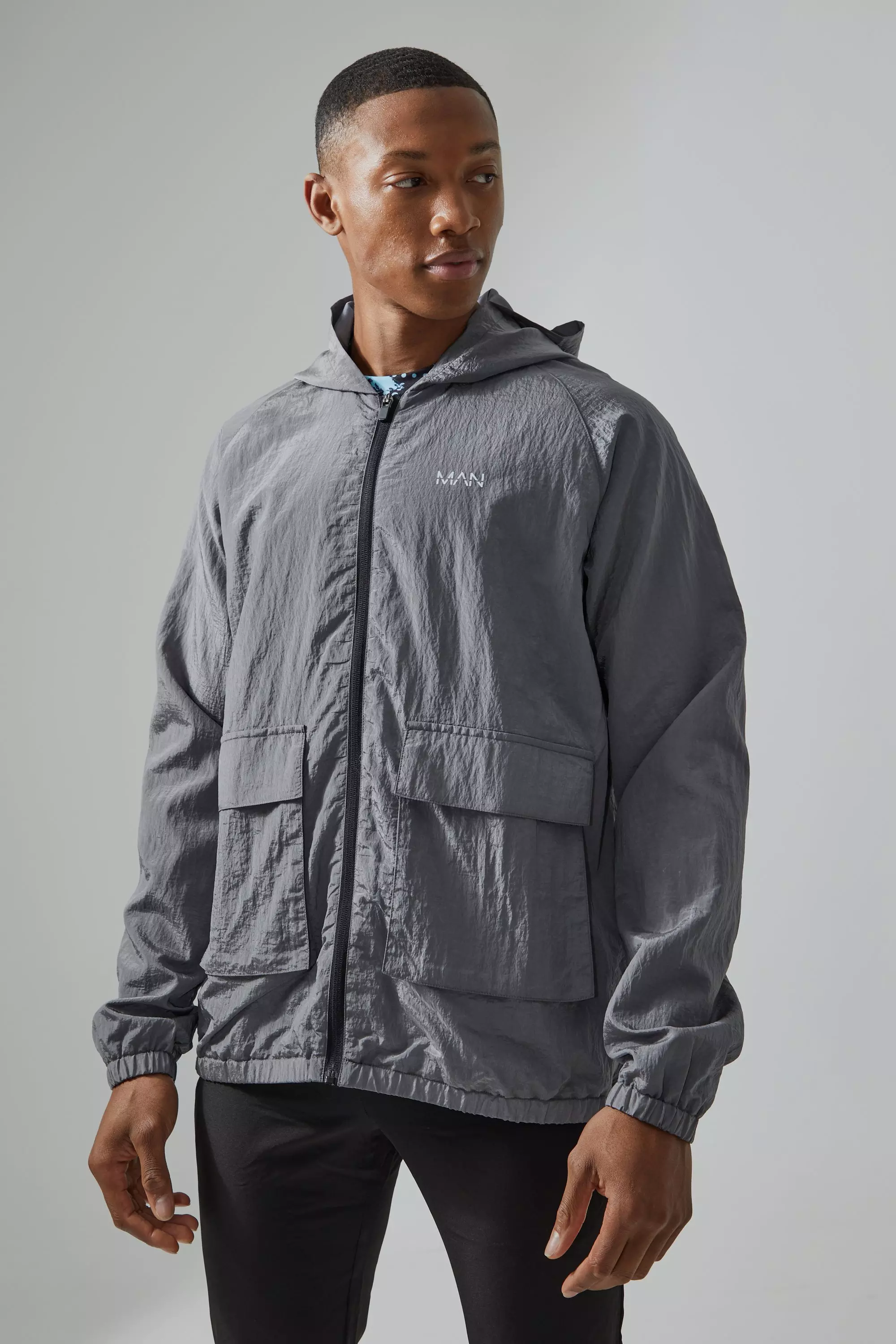 Man Active Crinkle Nylon Utility Windbreaker Charcoal