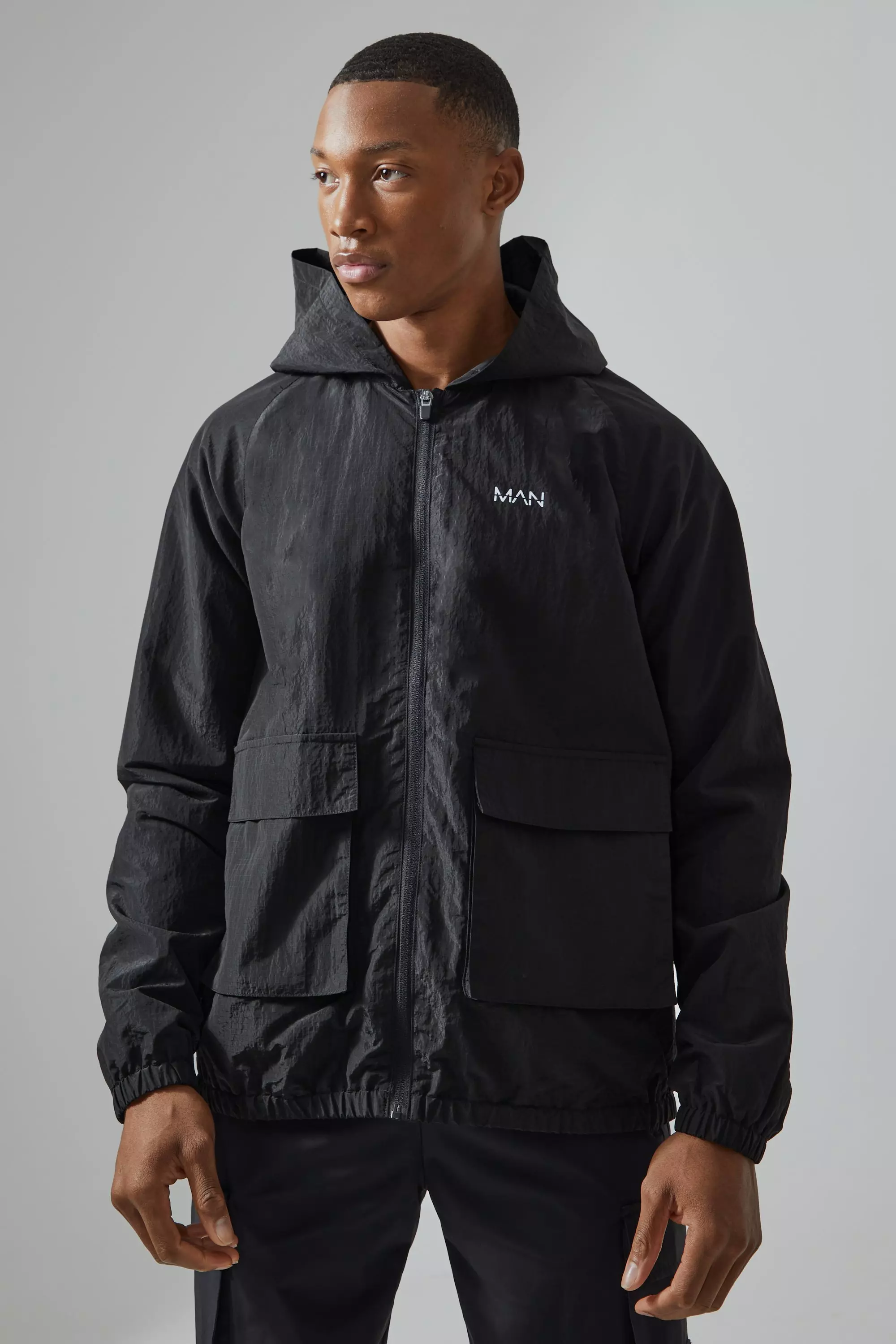 Man Active Ripstop Nylon Utility Windbreaker Black