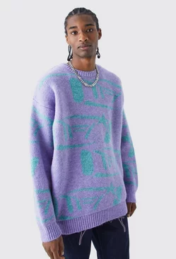 Purple Oversized Brushed All Over Print Knit Sweater