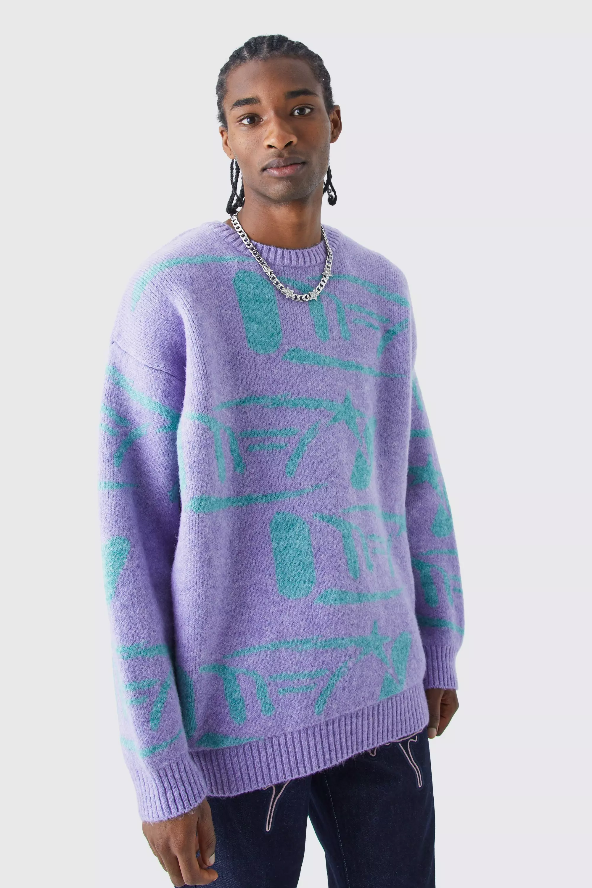 Purple Oversized Brushed All Over Print Knit Sweater