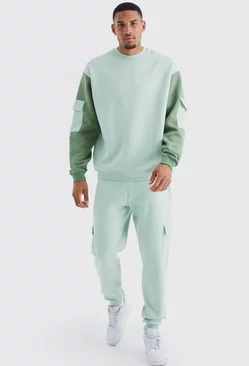 Tall Oversized Colour Block Cargo Tracksuit Sage