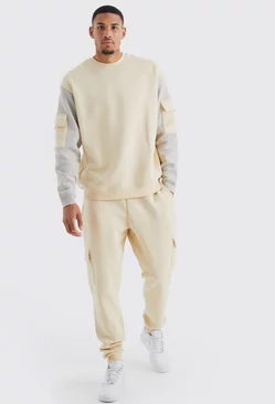Tall Oversized Colour Block Cargo Tracksuit Sand
