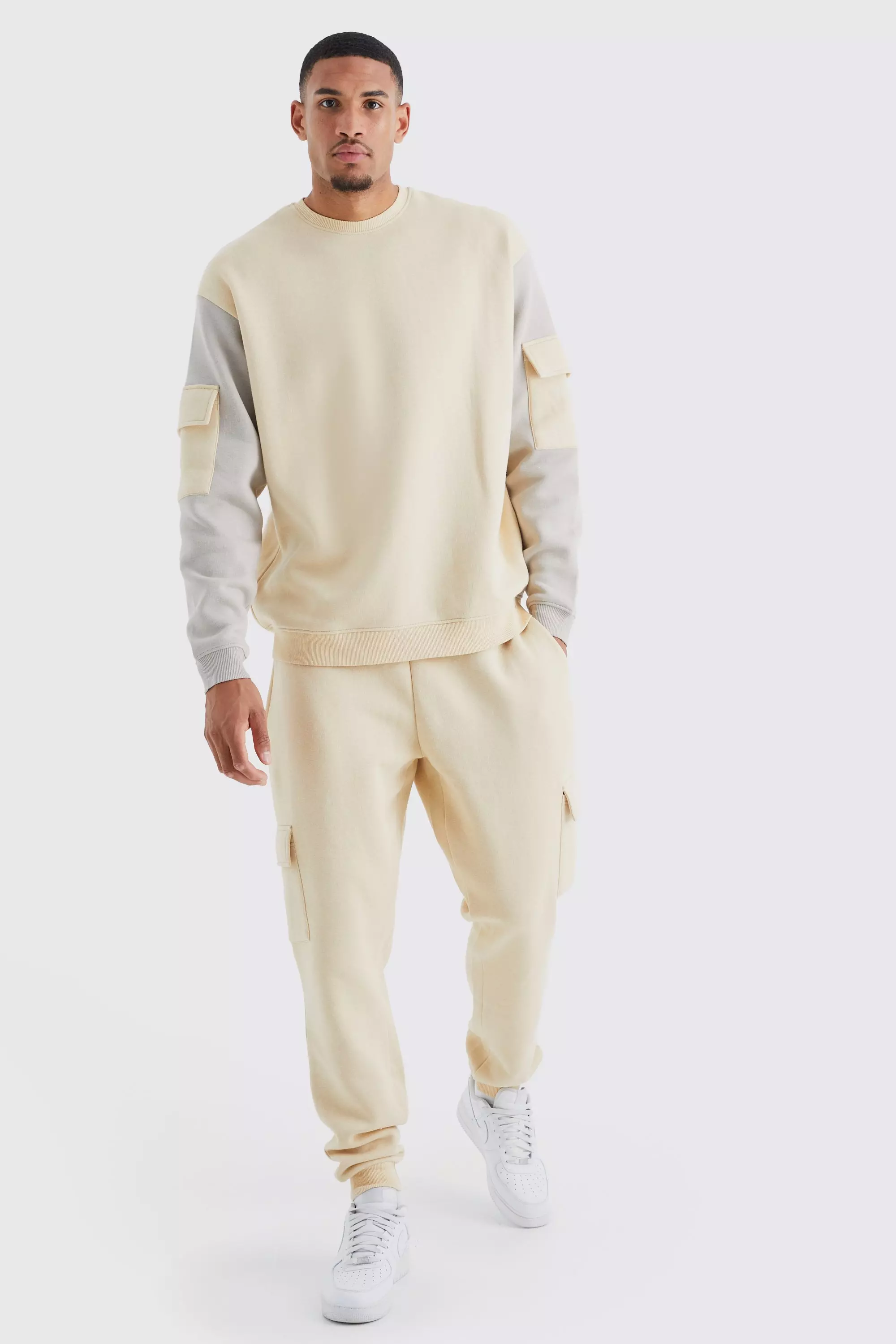 Tall Oversized Colour Block Cargo Tracksuit Sand
