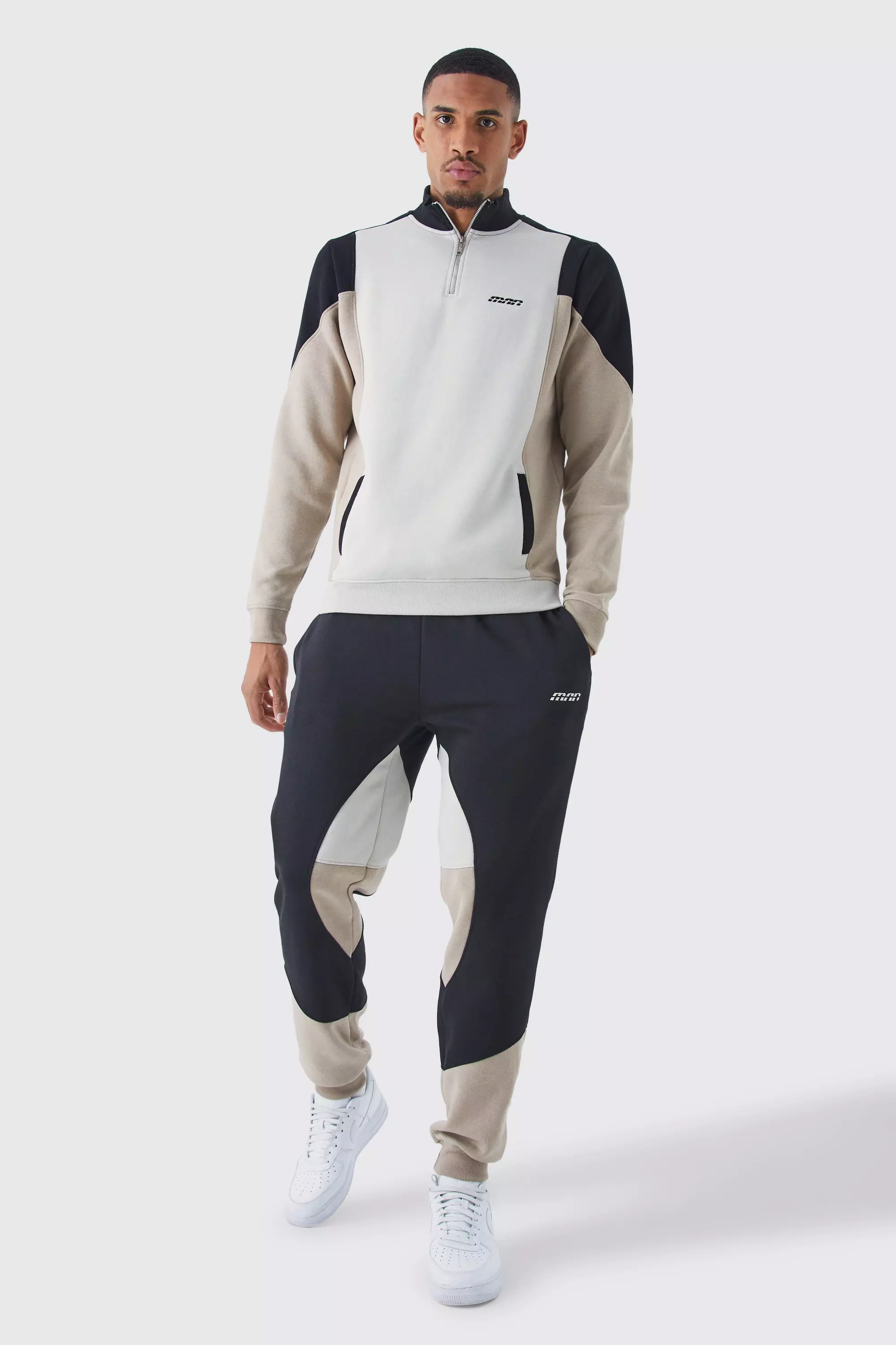 Taupe Beige Tall Colour Block Funnel Neck Tracksuit