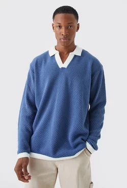 Long Sleeved Oversized Contrast Collar Knitted Polo Blue