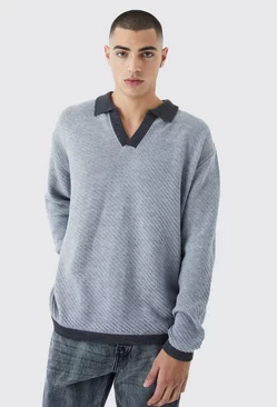 Grey Long Sleeved Oversized Contrast Collar Knitted Polo