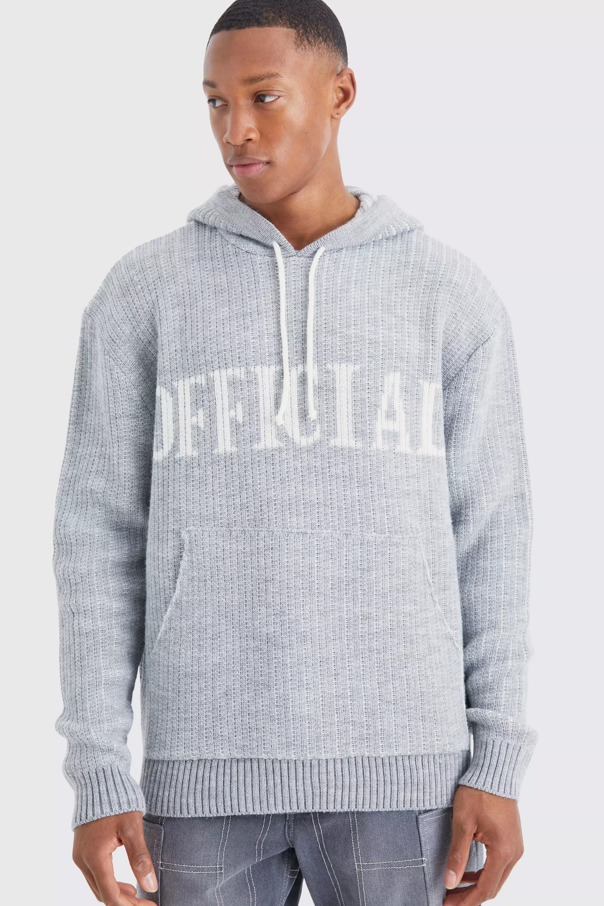 Grey Oversized Ribbed Knit Hoodie