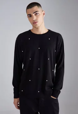 Relaxed All Over Pearl Embellished Knit Sweater Black