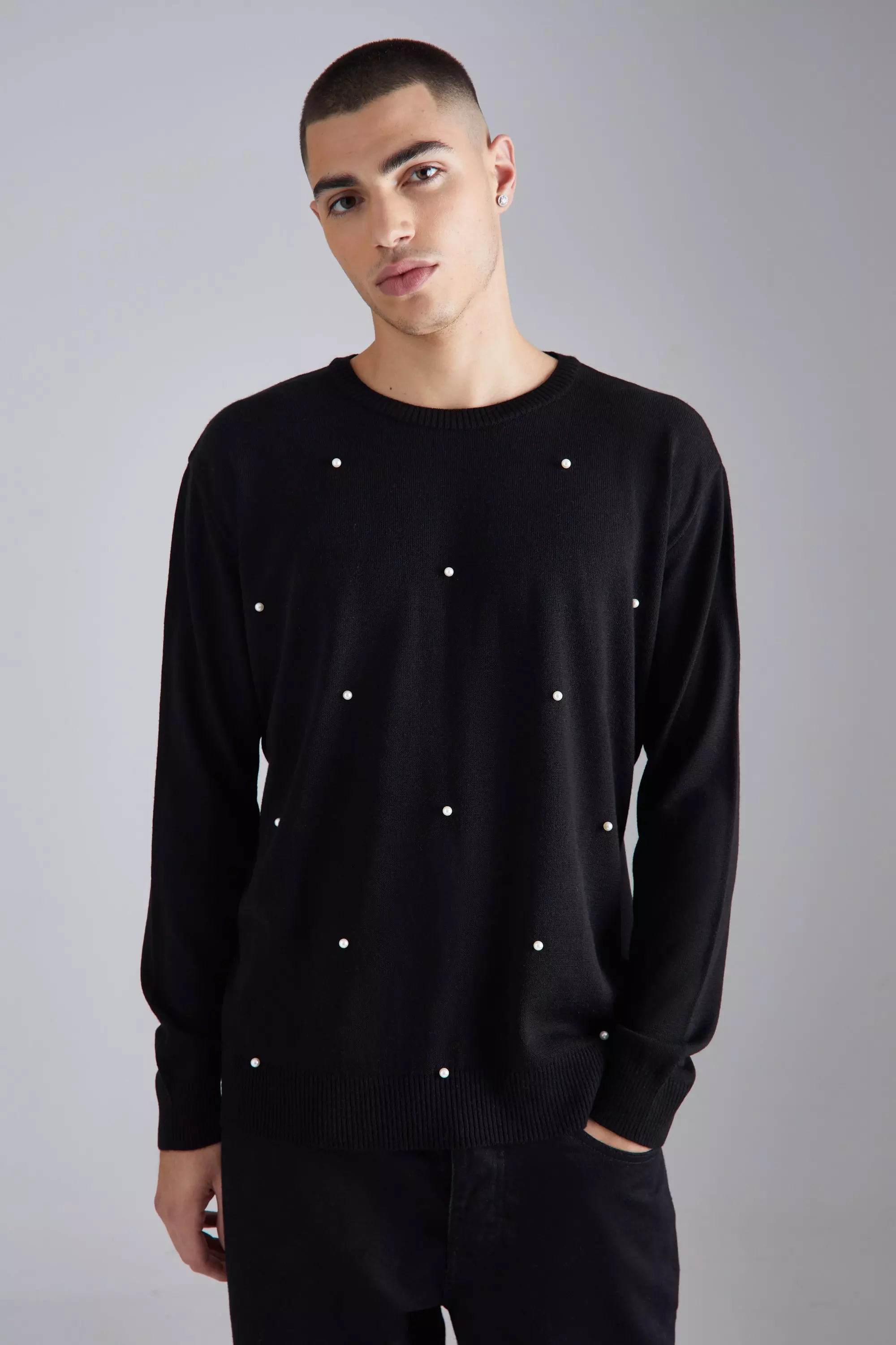 Relaxed All Over Pearl Embellished Knit Jumper boohooMAN UK