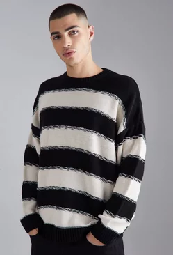 Oversized 2 Tone Stripe Knit Sweater Black