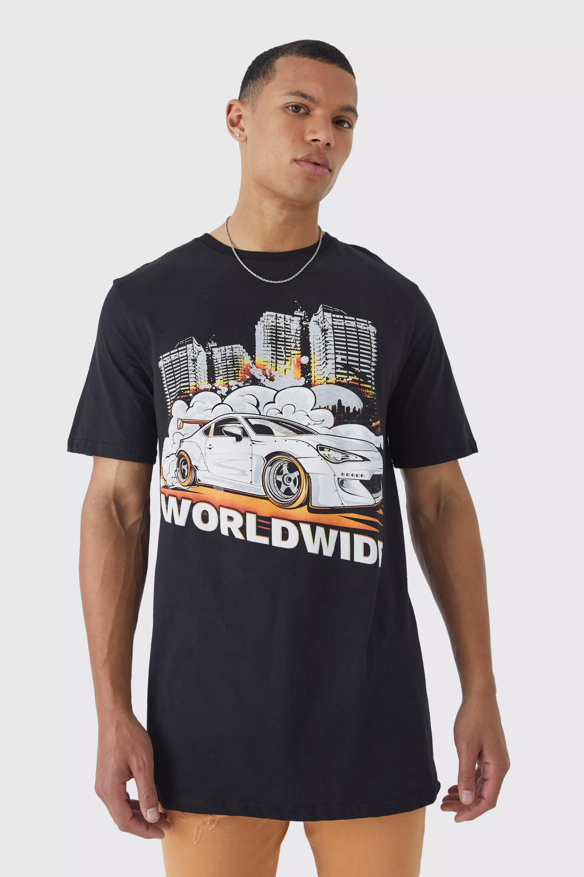 Tall Longline Worldwide Car Graphic T-shirt Black