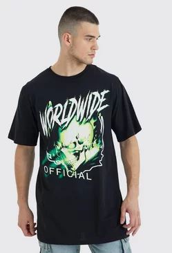 Tall Longline Worldwide Skull Graphic T-shirt Black