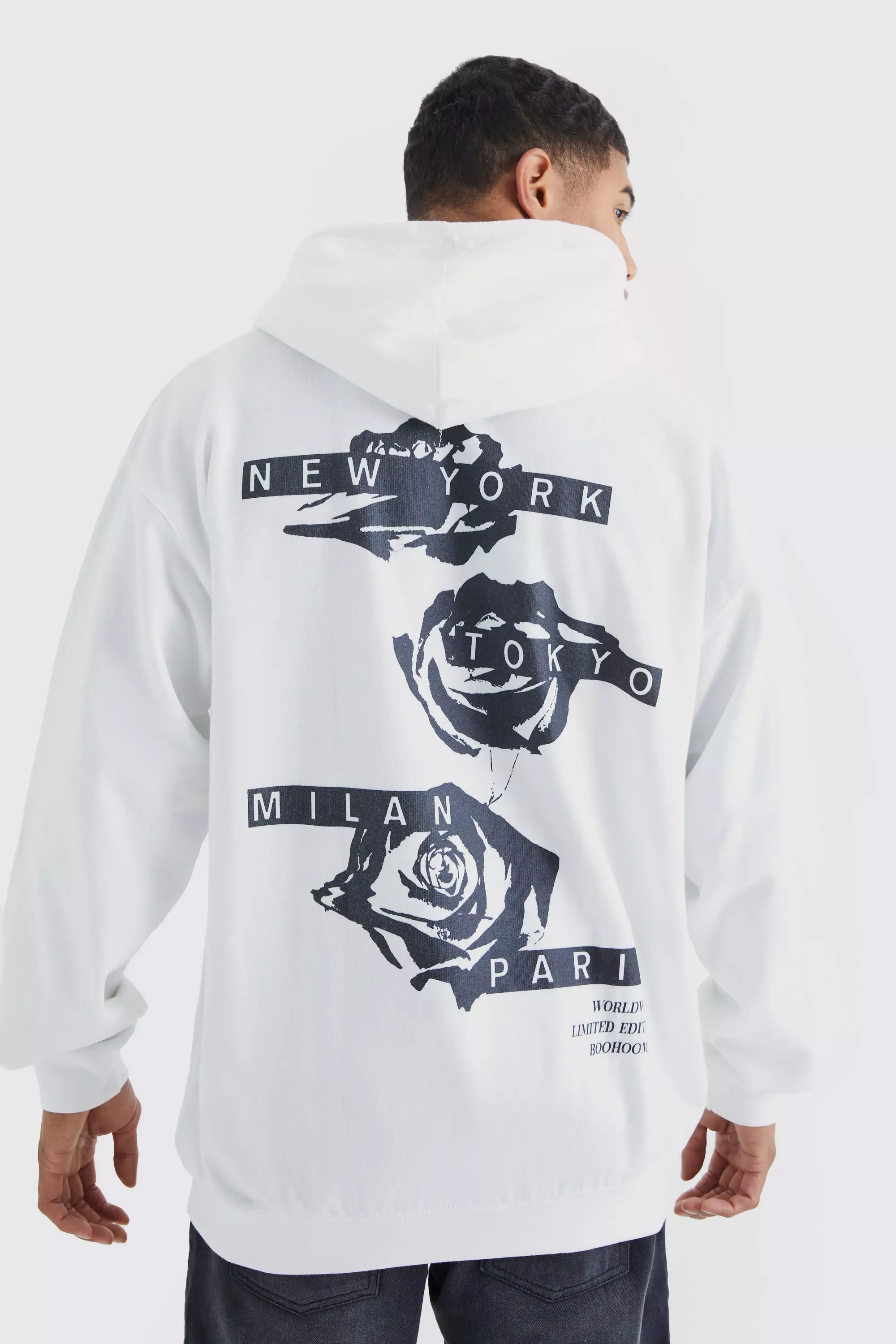 White Oversized Graffiti Rose Graphic Hoodie alternative image