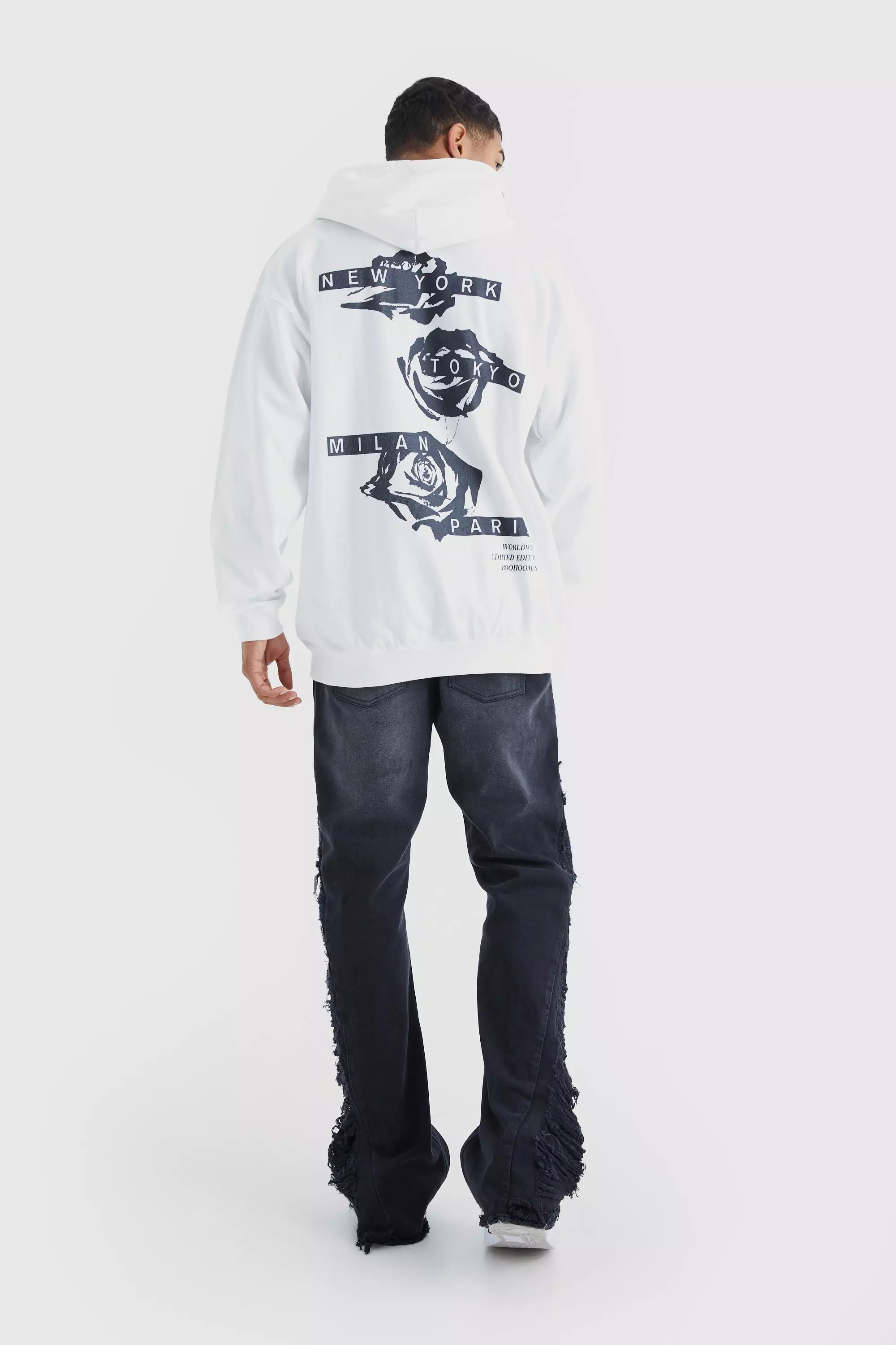 White Oversized Graffiti Rose Graphic Hoodie alternative image