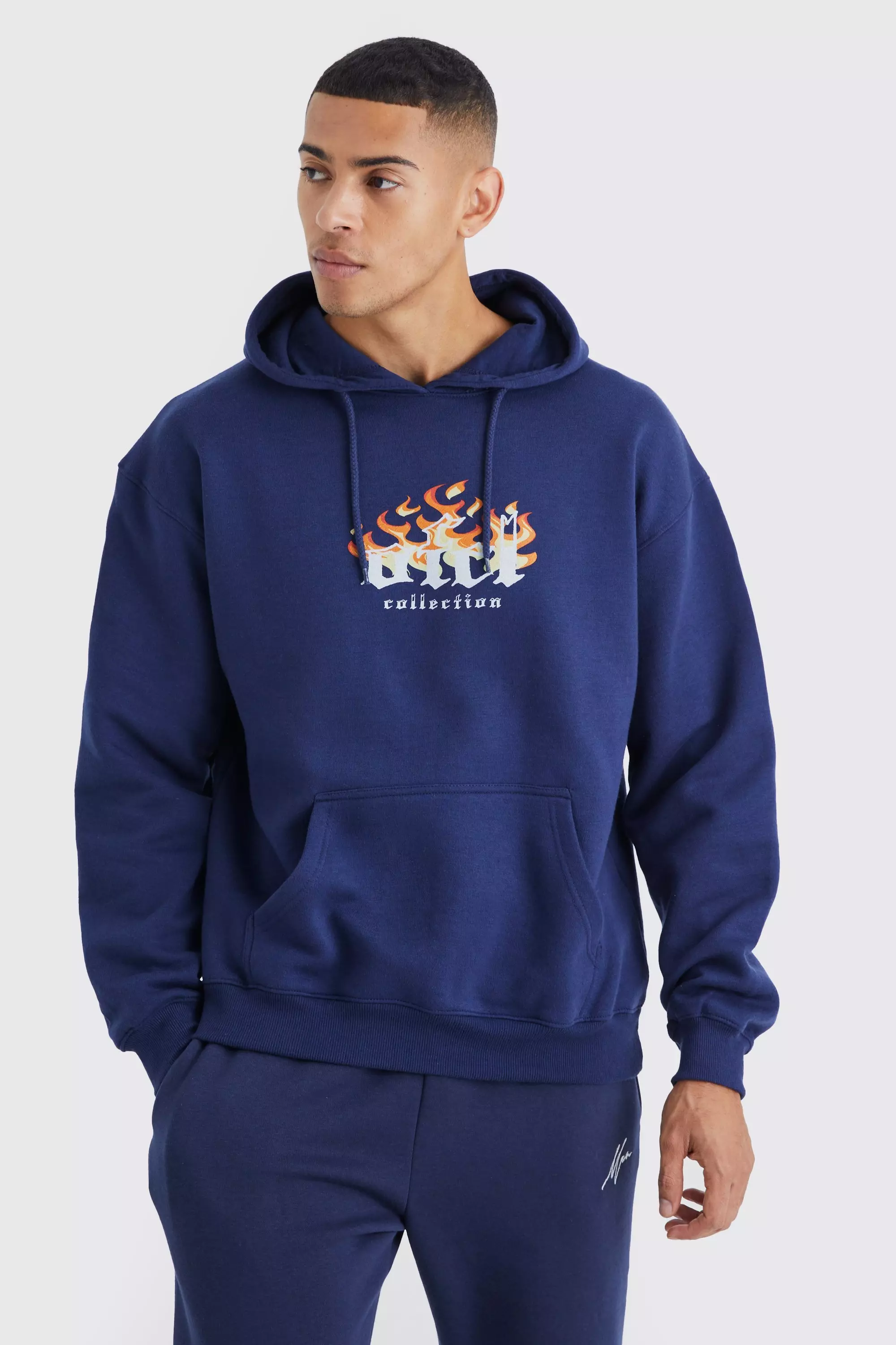 Oversized Ofcl Flames Graphic Hoodie Navy