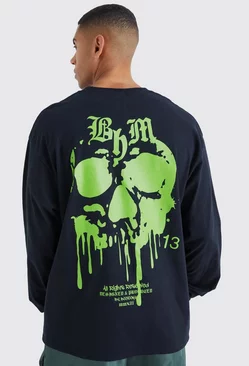 Black Oversized Long Sleeve Skull Graphic T-shirt