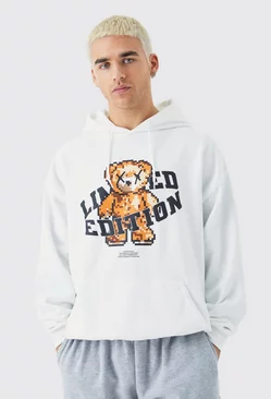 White Oversized Pour Homme Bear Graphic Hoodie