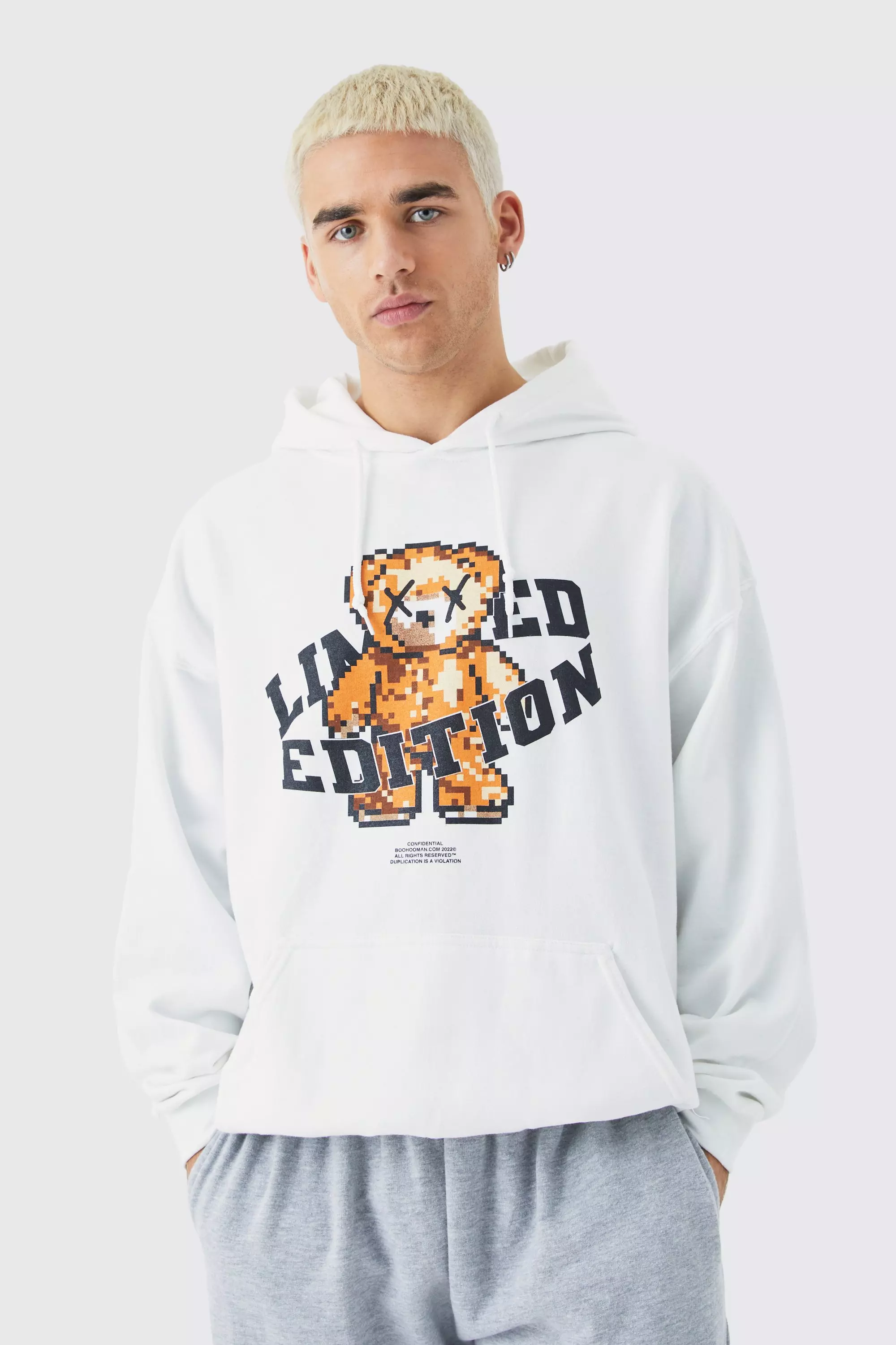 White Oversized Pour Homme Bear Graphic Hoodie