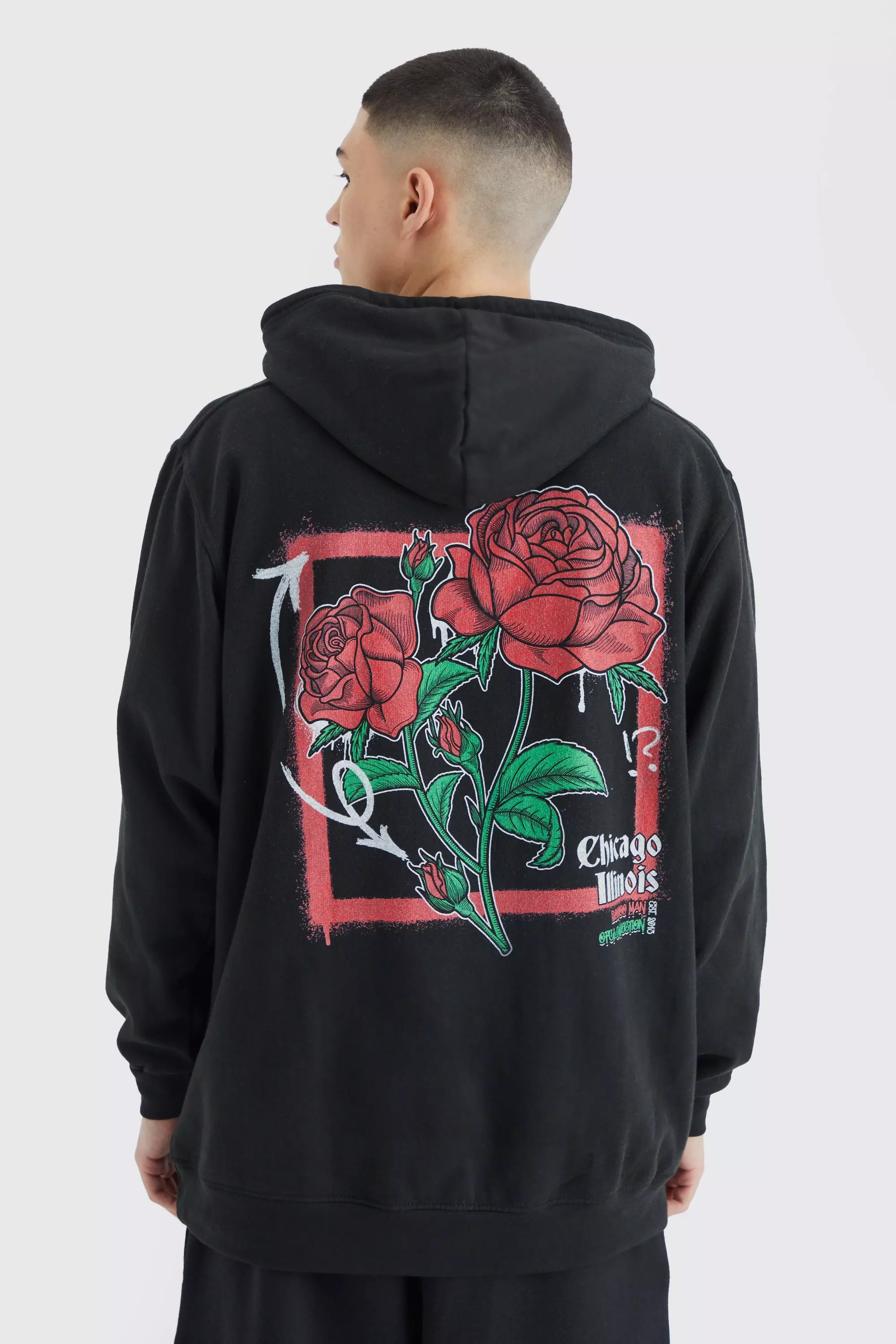 Black Oversized Rose Graphic Hoodie