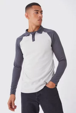 Grey Slim Raglan Colour Block Long Sleeve Polo