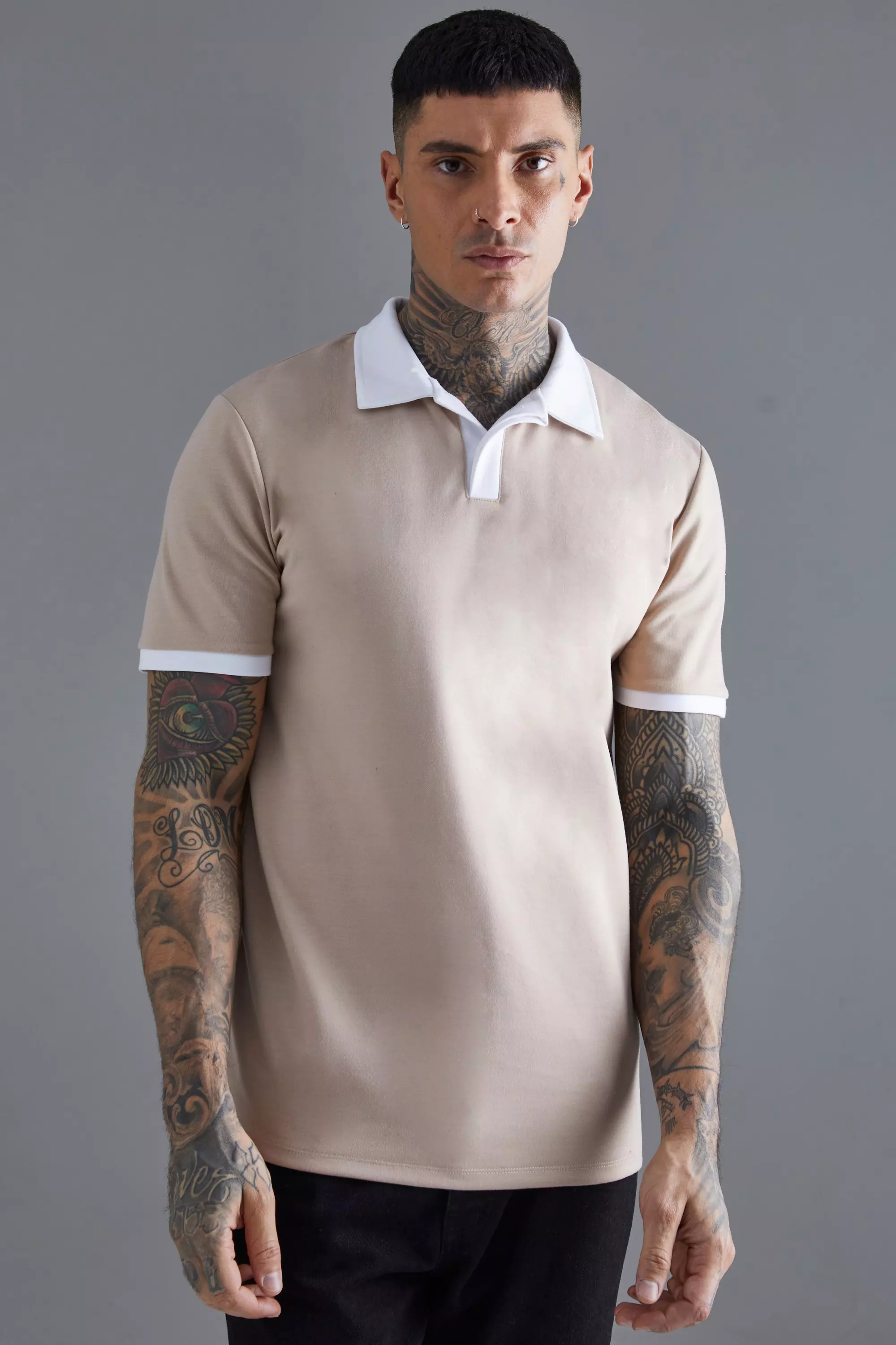 Tall Slim Fit Interlock Contrast Collar Polo Taupe