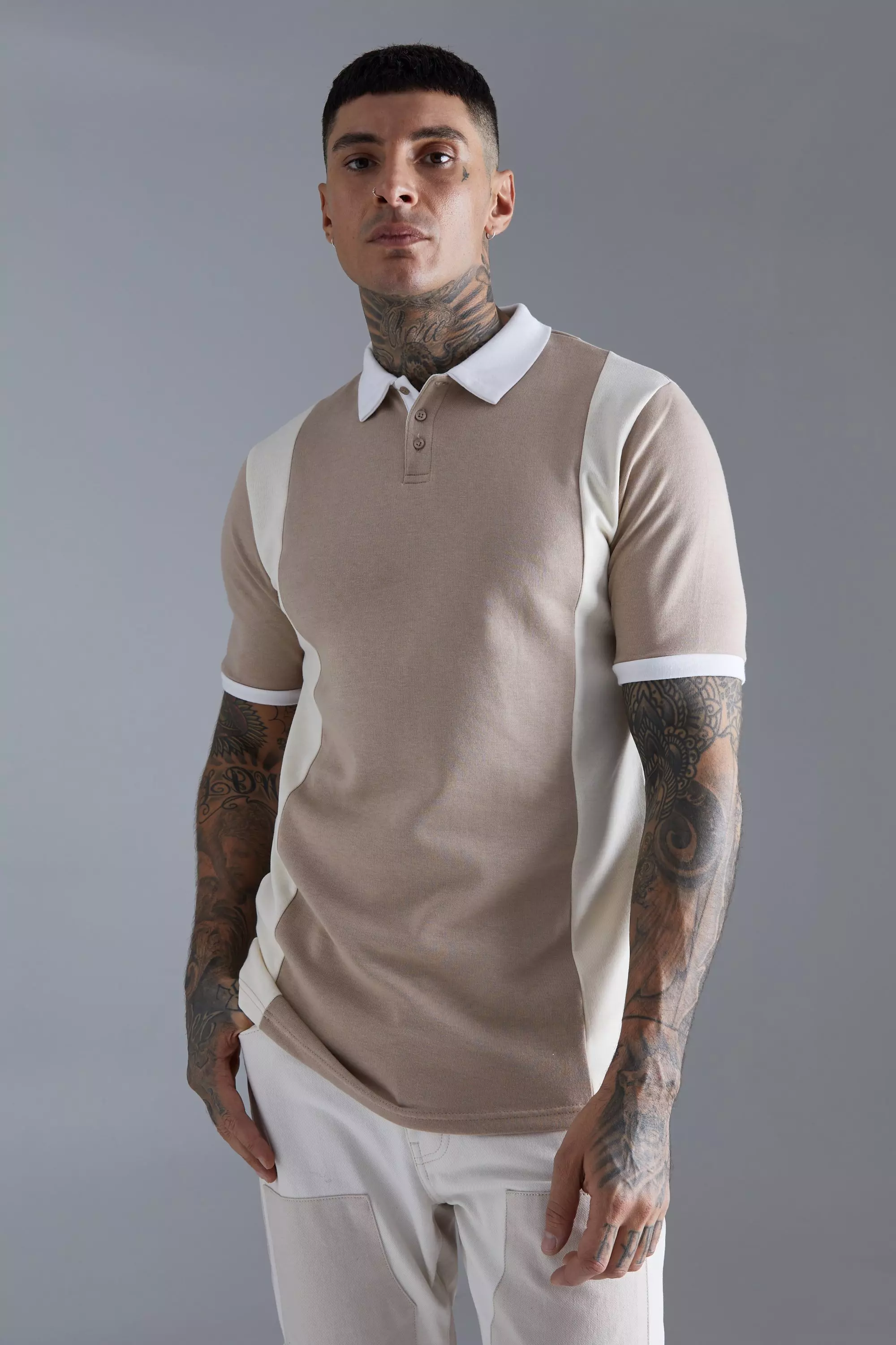 Tall Slim Interlock Colour Block Polo Grey