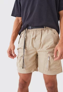 Elastic Waist Relaxed Pocket Detail Shorts Khaki